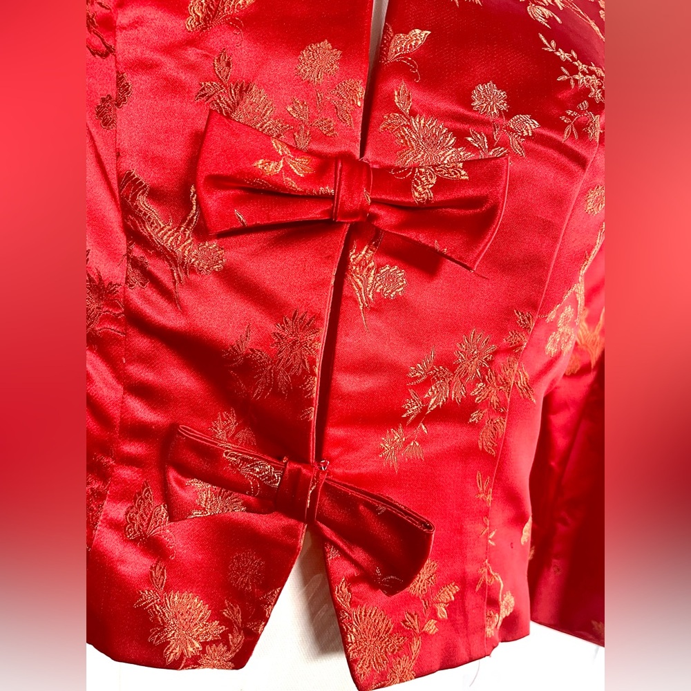 Red & Gold Chinese brocade silky 2-piece pencil dress & cropped jacket size XS - Picture 7 of 16